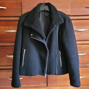 EUC Theory Shearling and Wool Motorcycle Jacket, Size Extra Small, Black